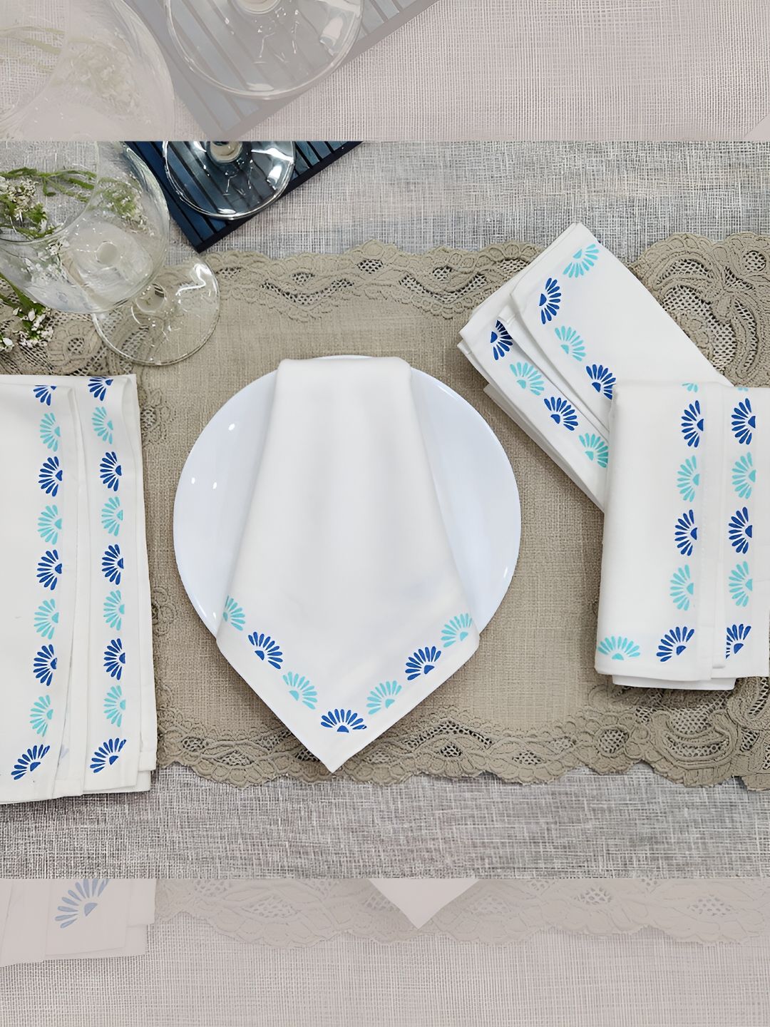 DESIGN GAATHA 4 Pieces White & Blue Printed Pure Cotton Table Napkins-picture-21