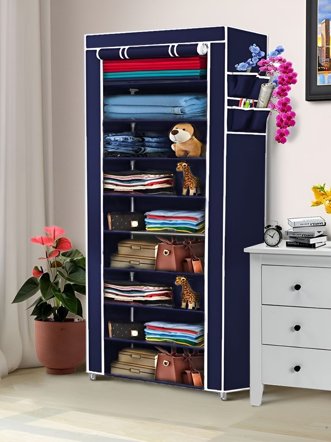 Pamworld Navy Blue Non Woven Fabric 9 Shelf Shoe Rack