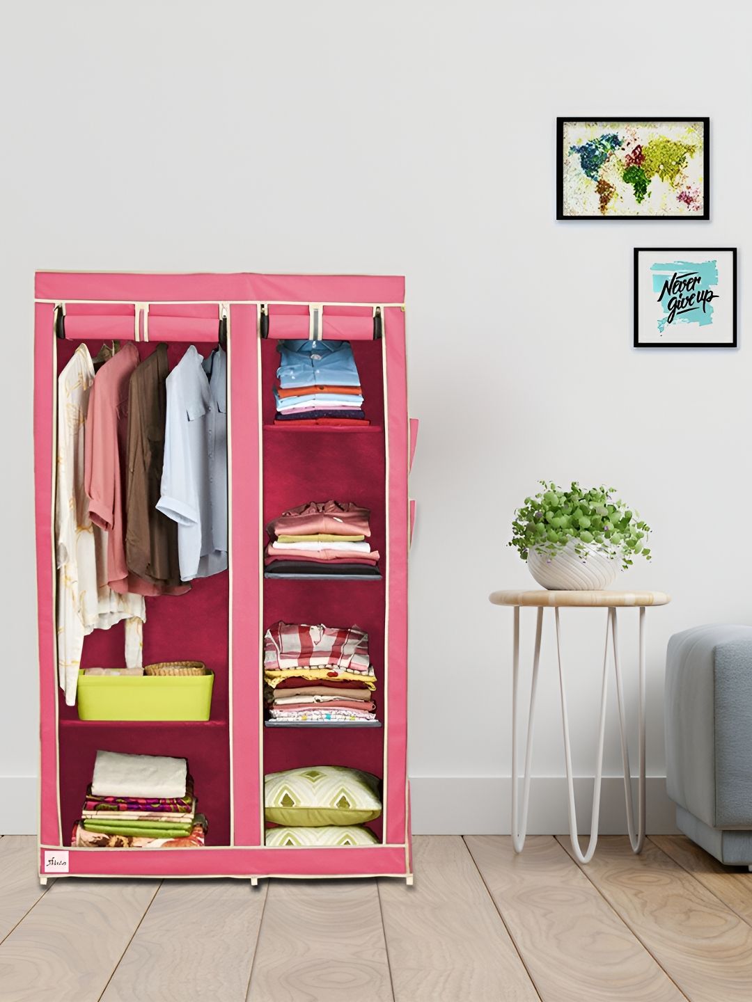 Pamworld Pink 6-Tier Rectangle Double Door Collapsible With Hanging Compartment Wardrobe-picture-2