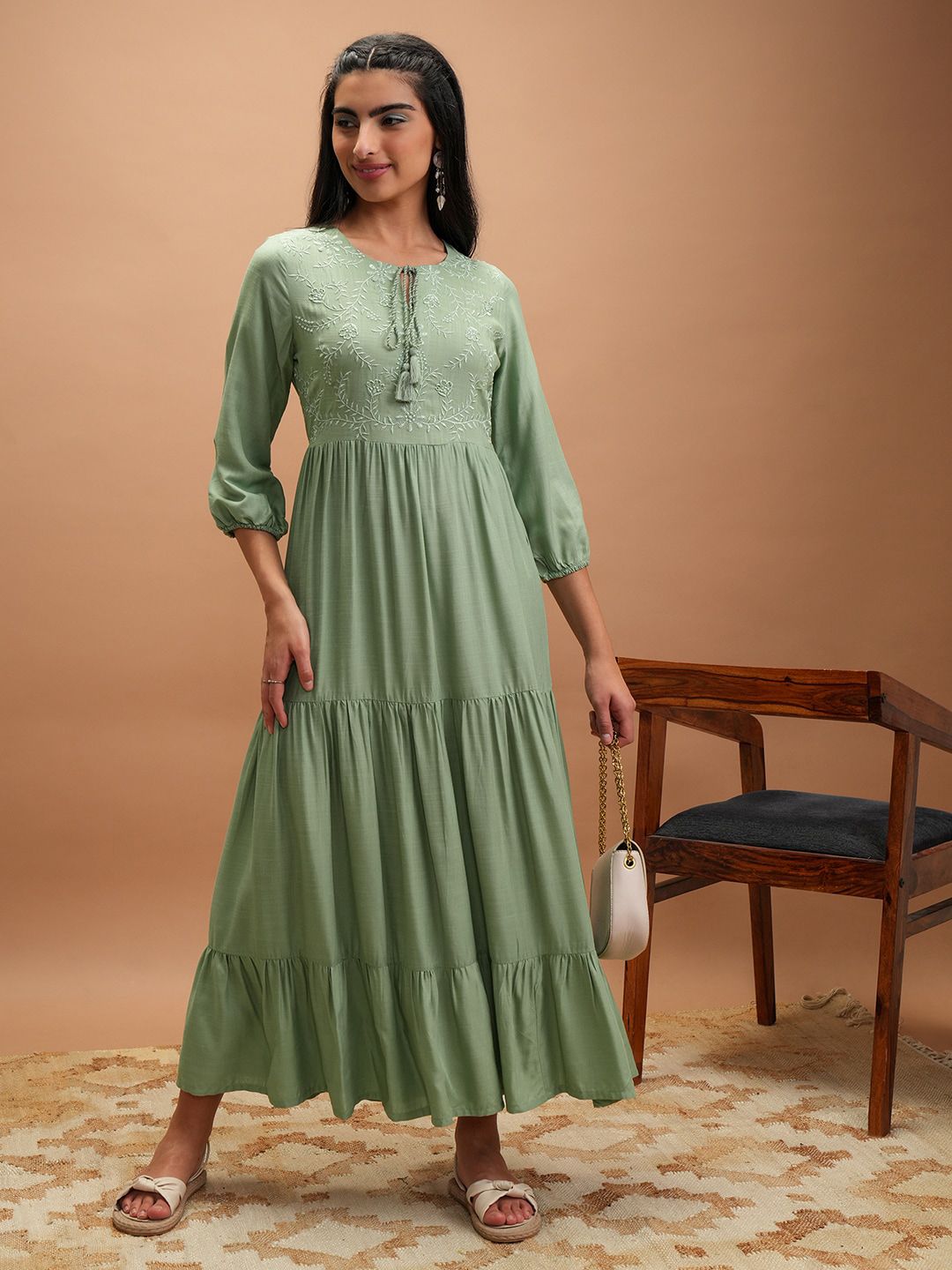 Vishudh Green Floral Embroidered Tie-Up Neck Tiered Maxi Dress