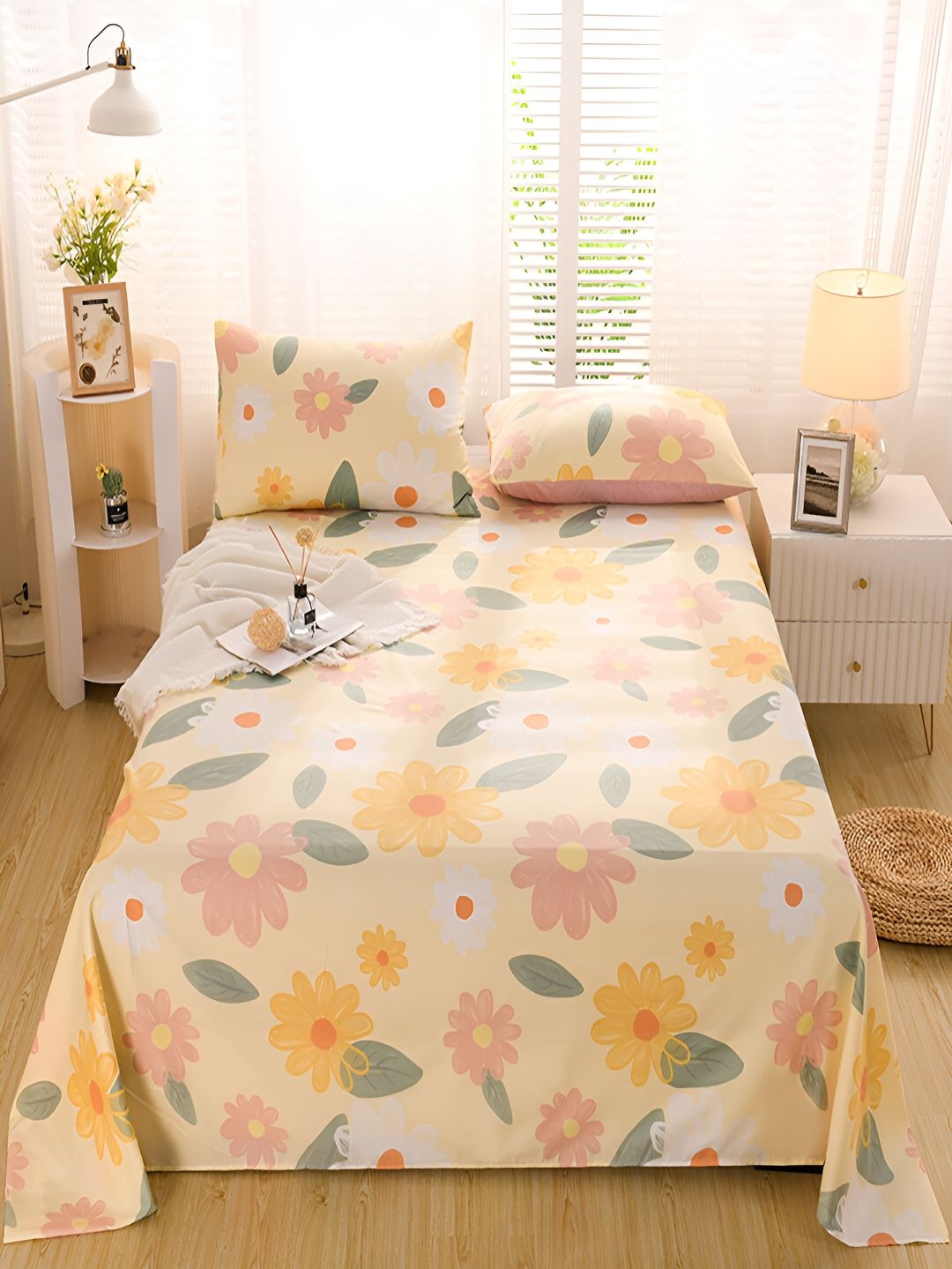 JC HOME Yellow & White Floral Cotton 220 TC King Bedsheet With 2 Pillow Covers-picture-15