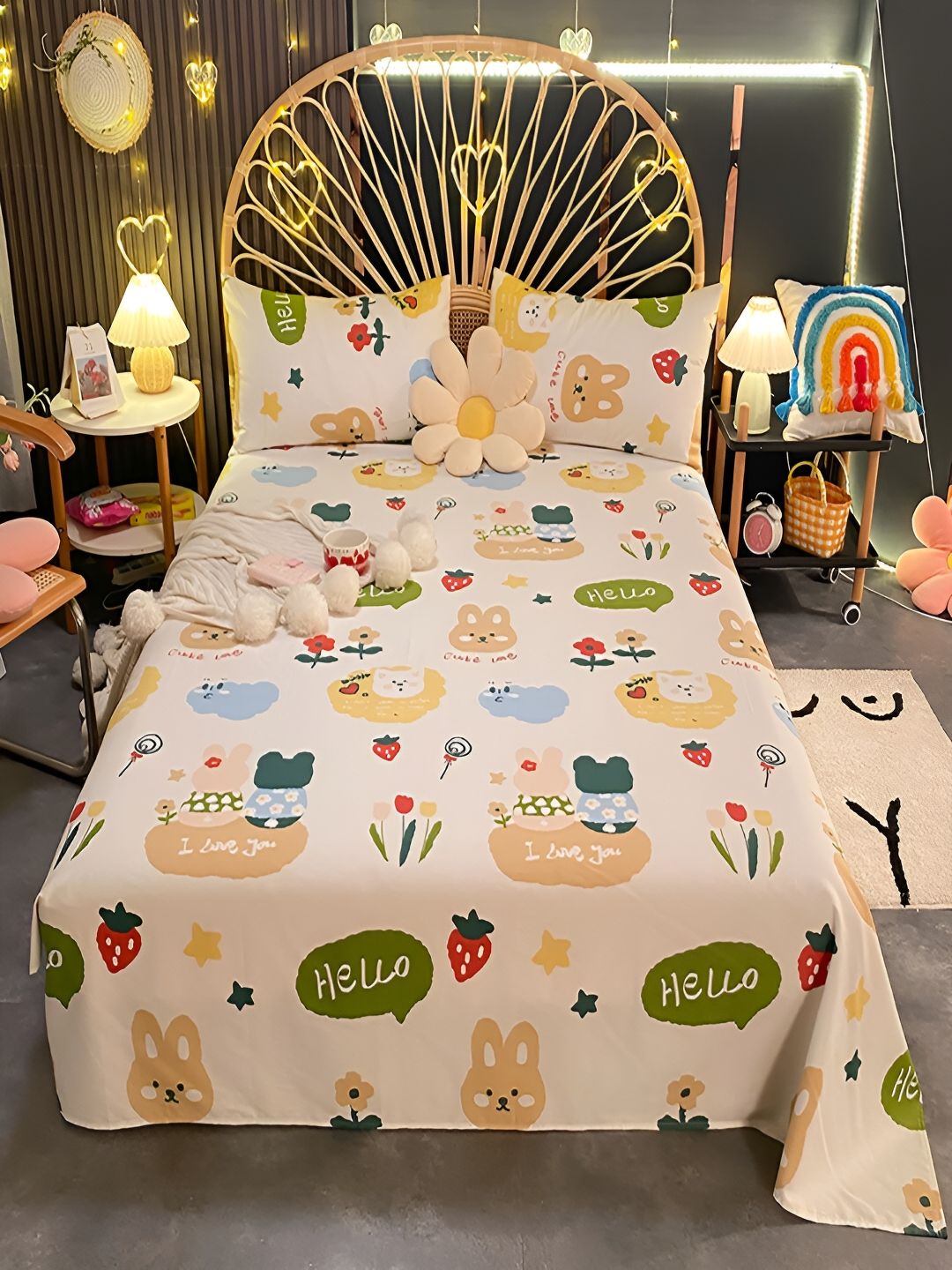 JC HOME White Cartoon Characters Cotton 220 TC Queen Bedsheet & 2 Pillow Covers-picture-27