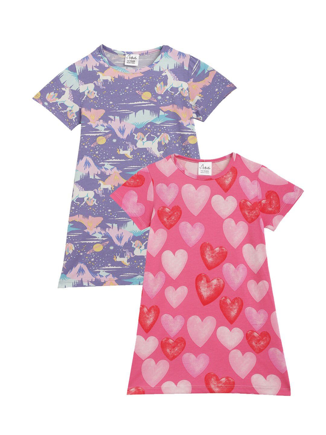 Anthrilo Girls Pack Of 2 Conversational Printed Pure Cotton T-shirt Nightdress-picture-0