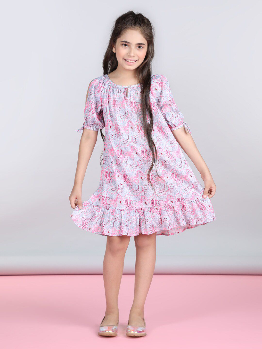 StyleStone Girls Pink Floral Print Cold-Shoulder Cotton A-Line Dress-picture-43