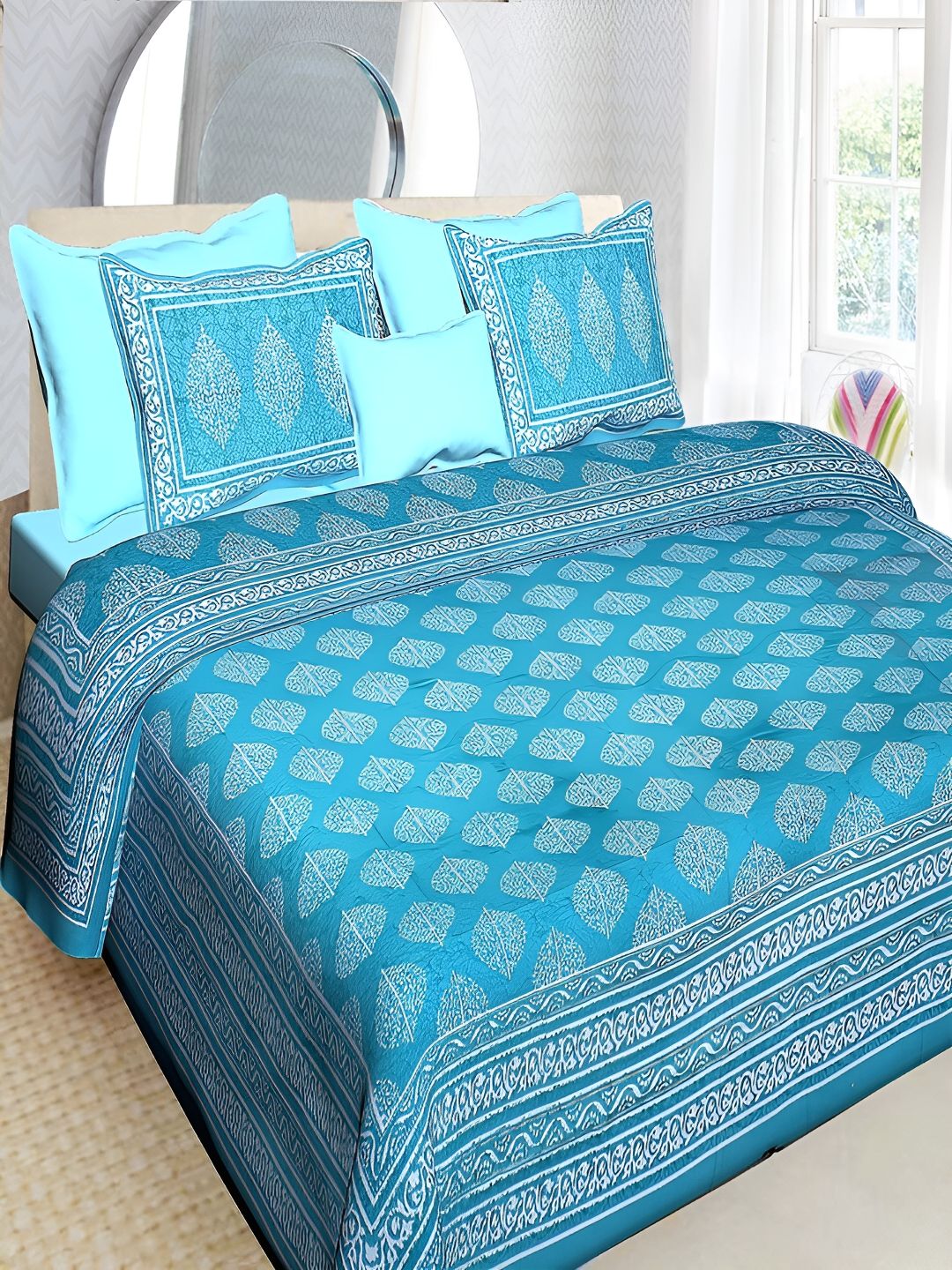 UNIQCHOICE Blue & White Floral 120 TC Cotton Queen Bedsheet with 2 Pillow Covers-picture-17