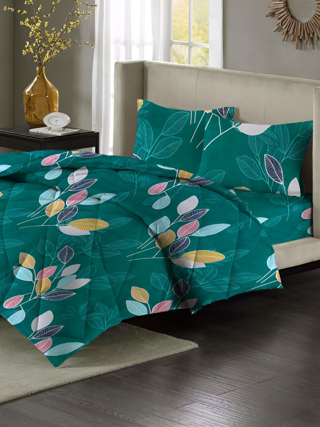 bsb home Green & White Floral Microfiber Double King Superfine Bedding Set-picture-26