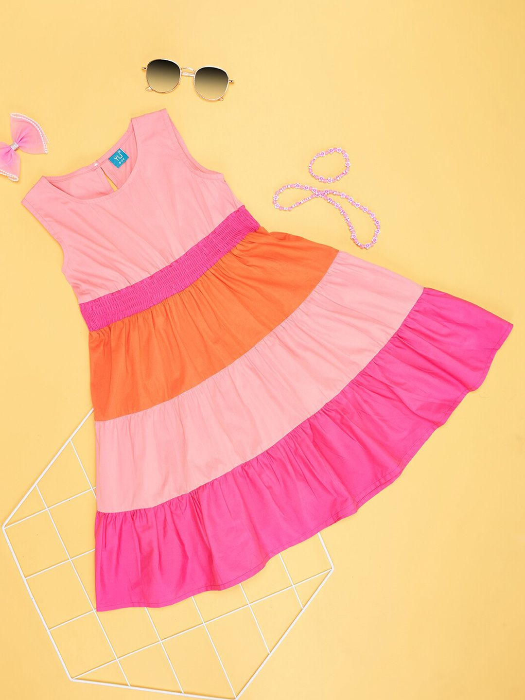 YU by Pantaloons Girls Colourblocked Smocked Pure Cotton Fit & Flare Dress-picture-55