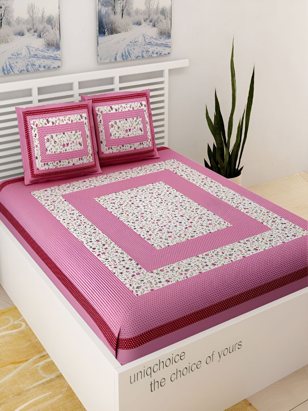 UNIQCHOICE Pink & White Floral Printed Cotton 120 TC Queen Bedsheet With 2 Pillow Covers-picture-10