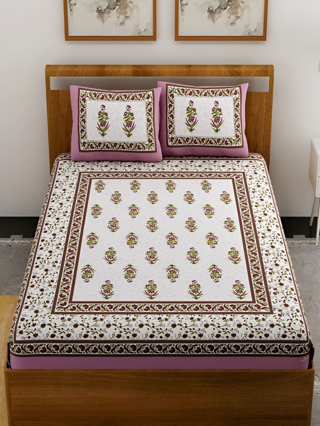 UNIQCHOICE Pink & White Floral Printed Cotton 144 TC Queen Bedsheet With 2 Pillow Covers-picture-13
