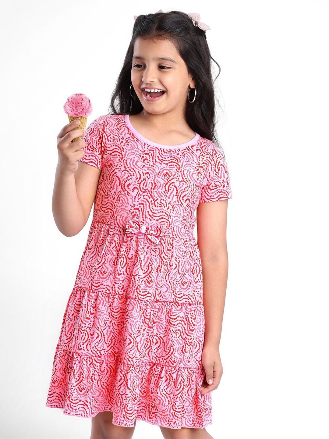 Hola Bonita Girls Abstract Printed Tiered Pure Cotton A-Line Dress-picture-21