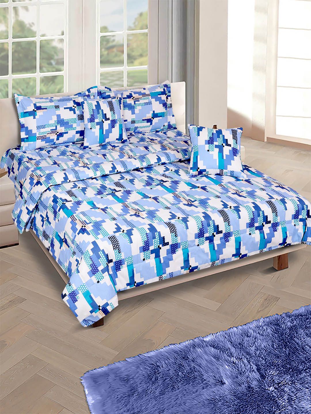 Aura Blue & White Geometric Printed Cotton 210 GSM Double Queen Bedding Set-image-43