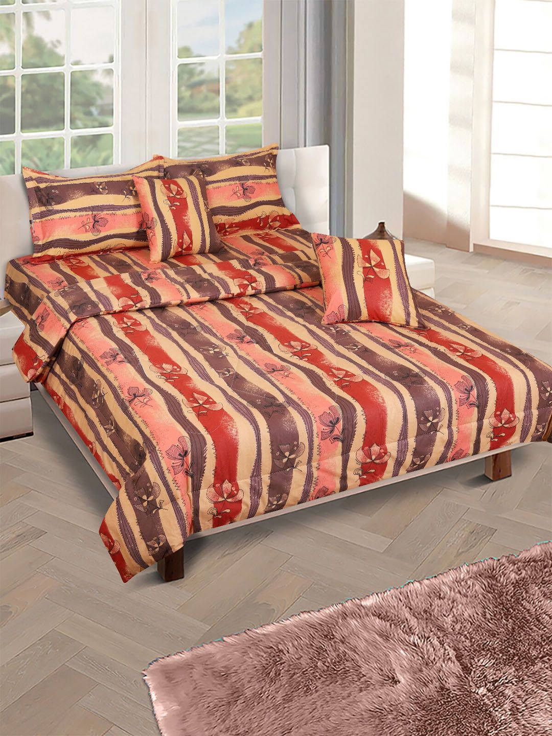 Aura Beige & Brown Floral Printed Cotton 210 GSM Double Queen Bedding Set-image-44