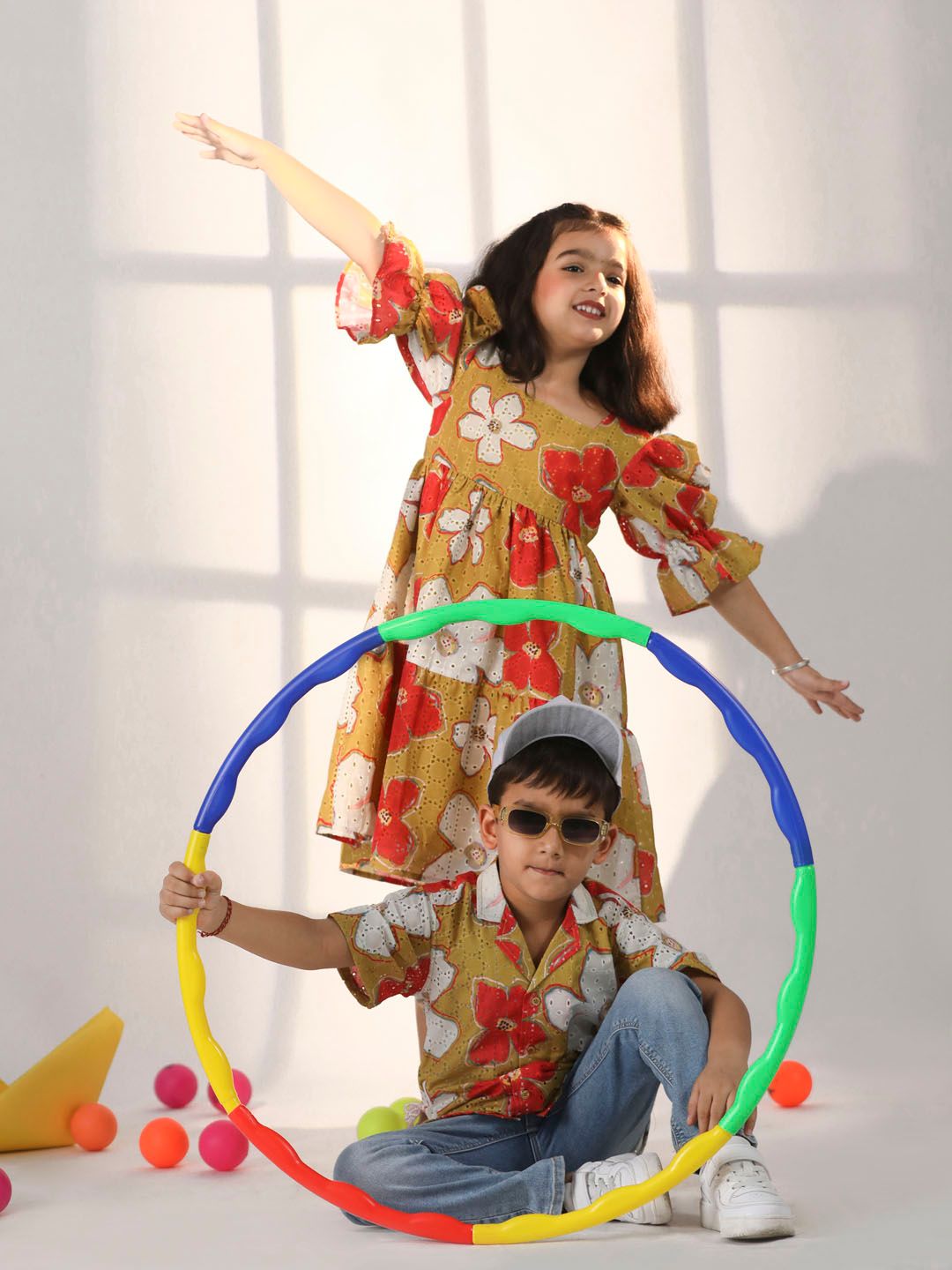 VASTRAMAY Girls Floral Printed Bell Sleeve Schiffli Tiered Cotton Fit & Flare Dress-picture-16