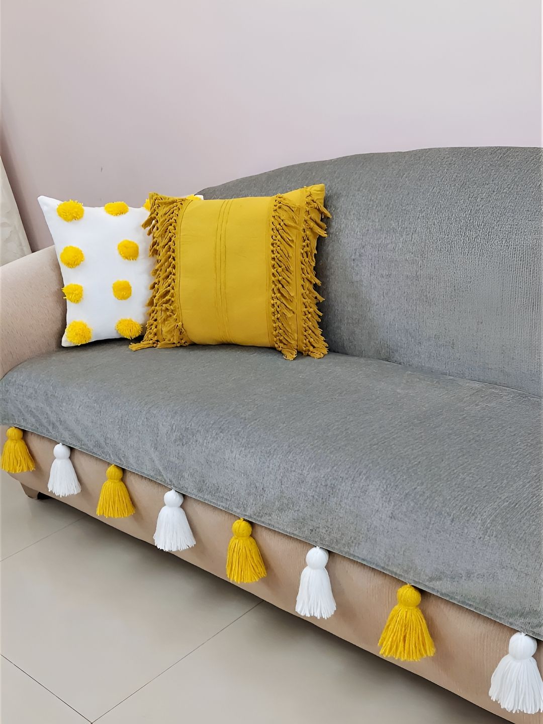 THROWPILLOW Grey & Yellow Anti Slip Tassels Sofa Cover-image-47
