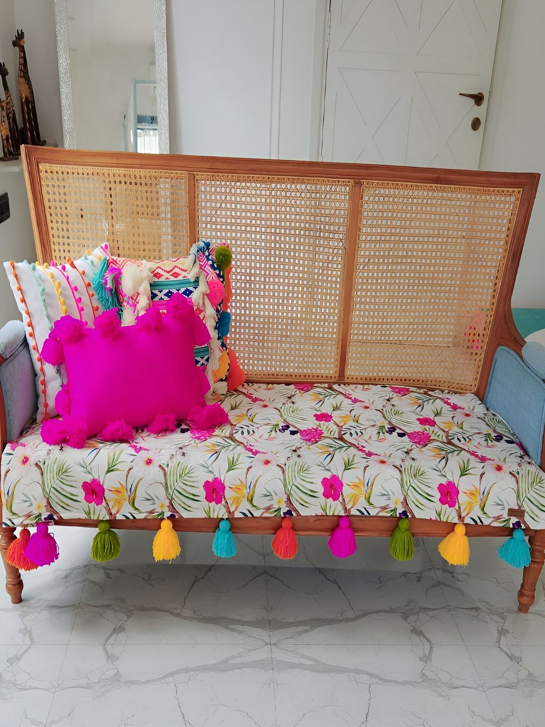 THROWPILLOW Off White & Green Tropical Printed Anti Slip Tassels 4 Seater Sofa Cover-image-40
