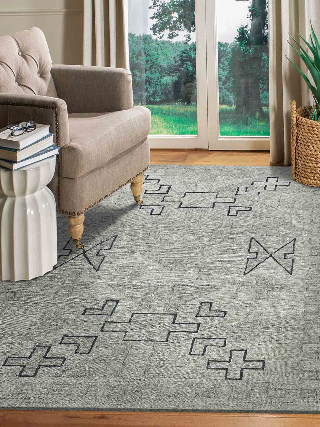 saraswatii global Grey & Black Geometric Printed Woollen Rectangular Carpet-picture-22