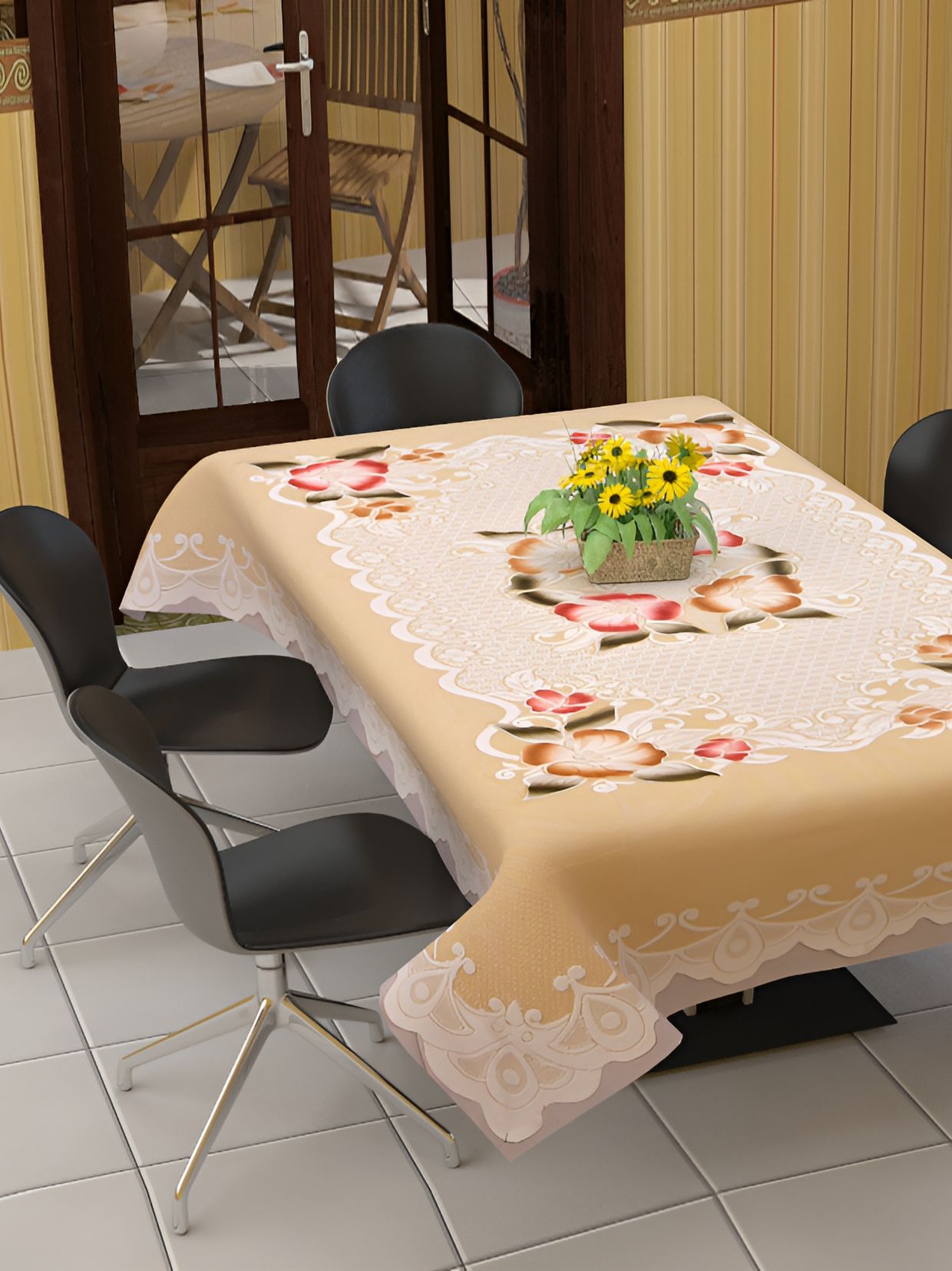 BIGGER FISH Beige Floral Printed Cotton 6-Seater Table Cover-picture-29