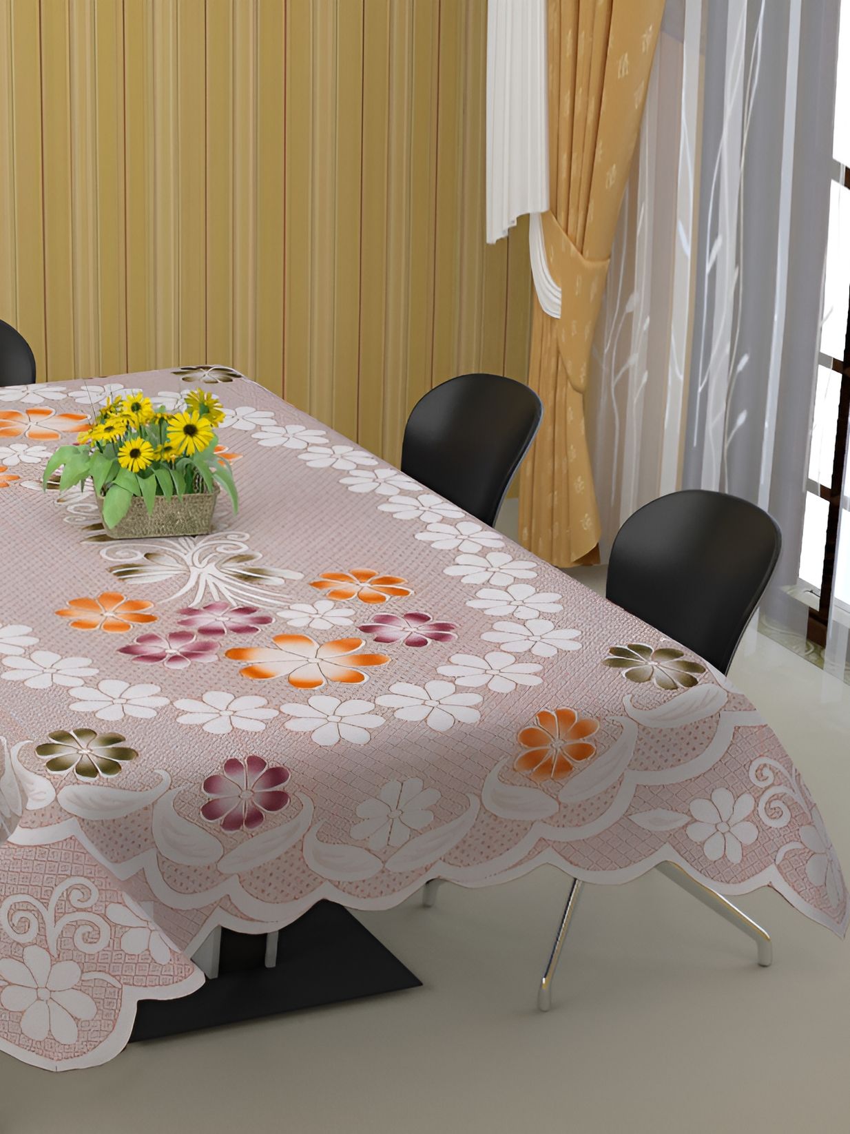 BIGGER FISH Peach & White Floral Printed Cotton 6 Seater Table Cover-picture-17