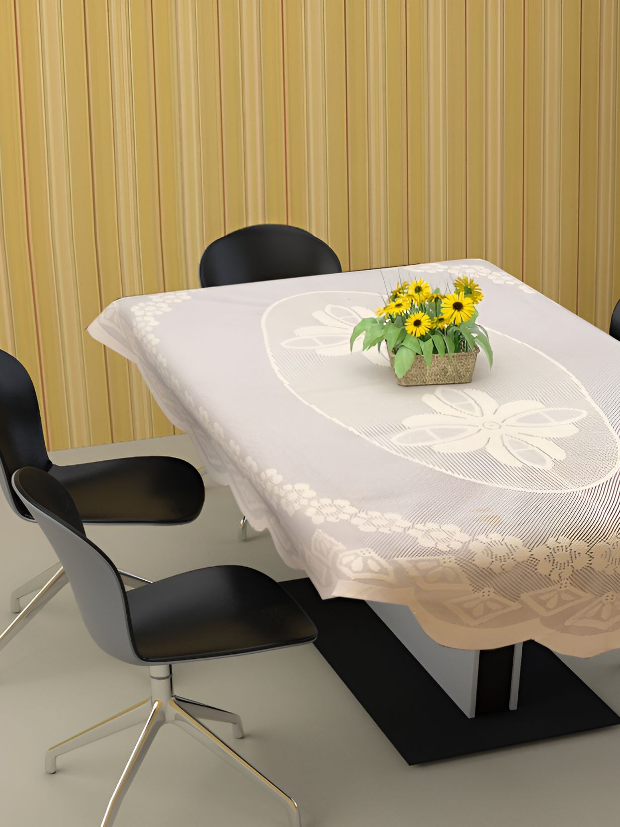 BIGGER FISH Beige Floral Rectangle Cotton 6-Seater Table Cover-picture-27