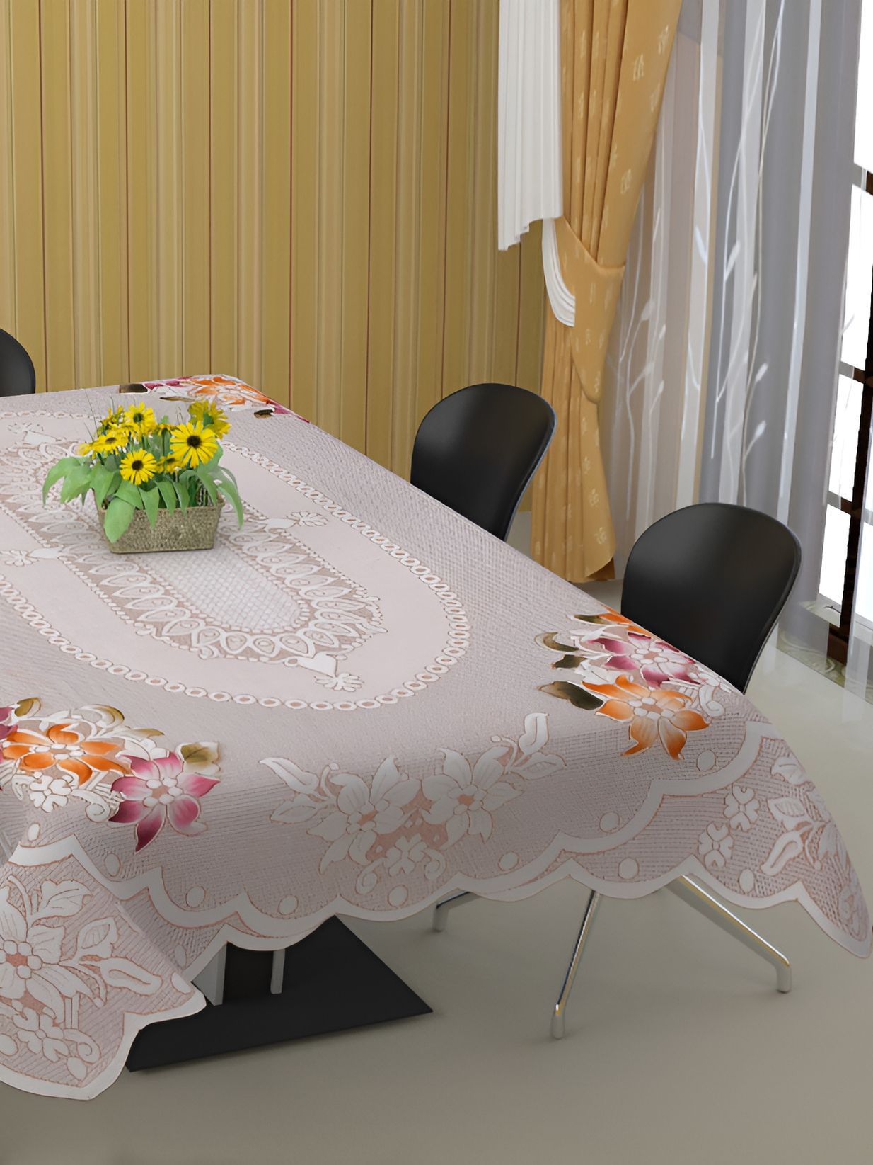 BIGGER FISH Peach-Coloured Floral self Design Cotton 8 Seater Table Cover-picture-36