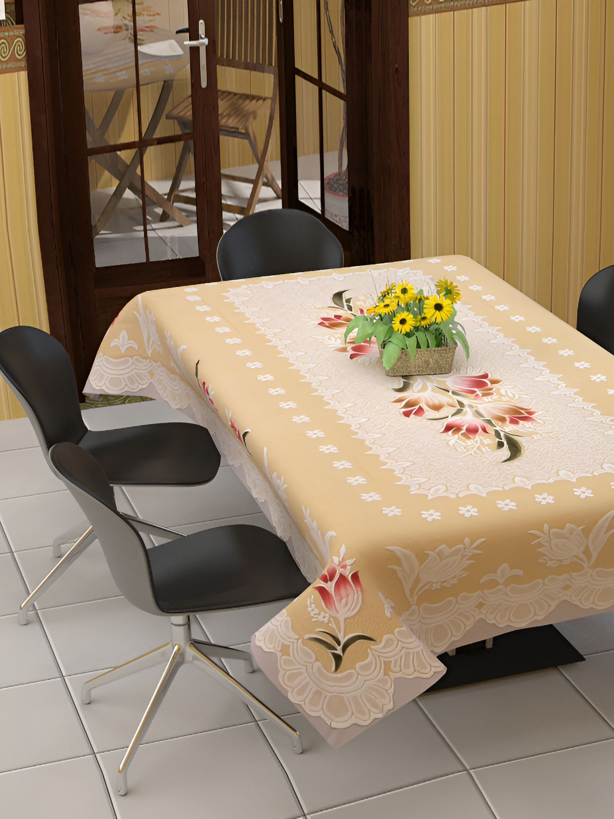 BIGGER FISH Beige Printed Cotton 6 Seater Table Cover-picture-26