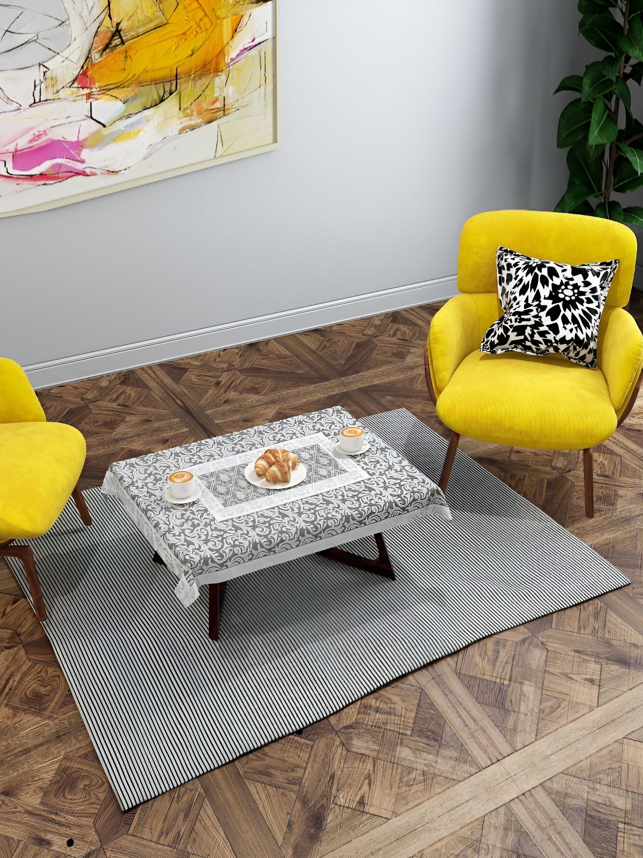 BIGGER FISH Grey & White Floral Cotton 2 Seater Table Cover-picture-15