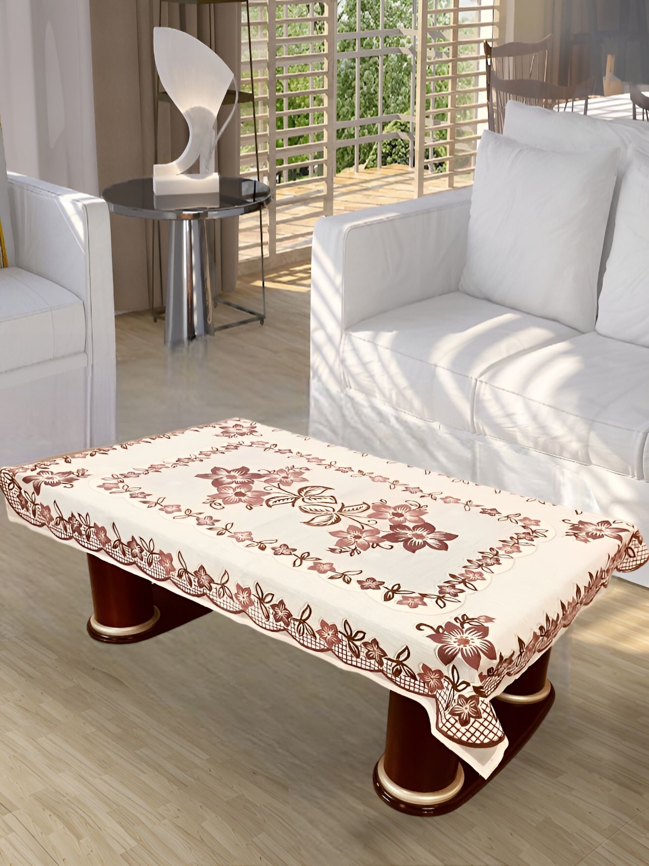 BIGGER FISH Beige Floral Cotton 4-Seater Table Cover-picture-38