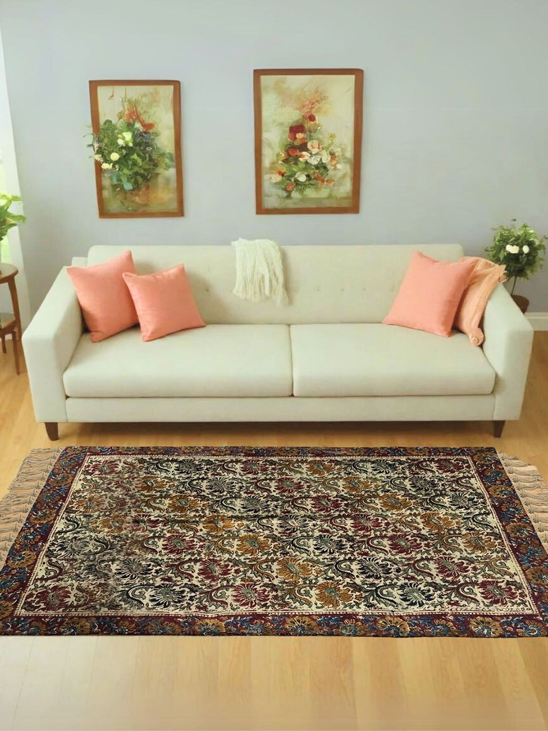 Peepul Tree Beige & Red Floral Printed Cotton Carpets-picture-27
