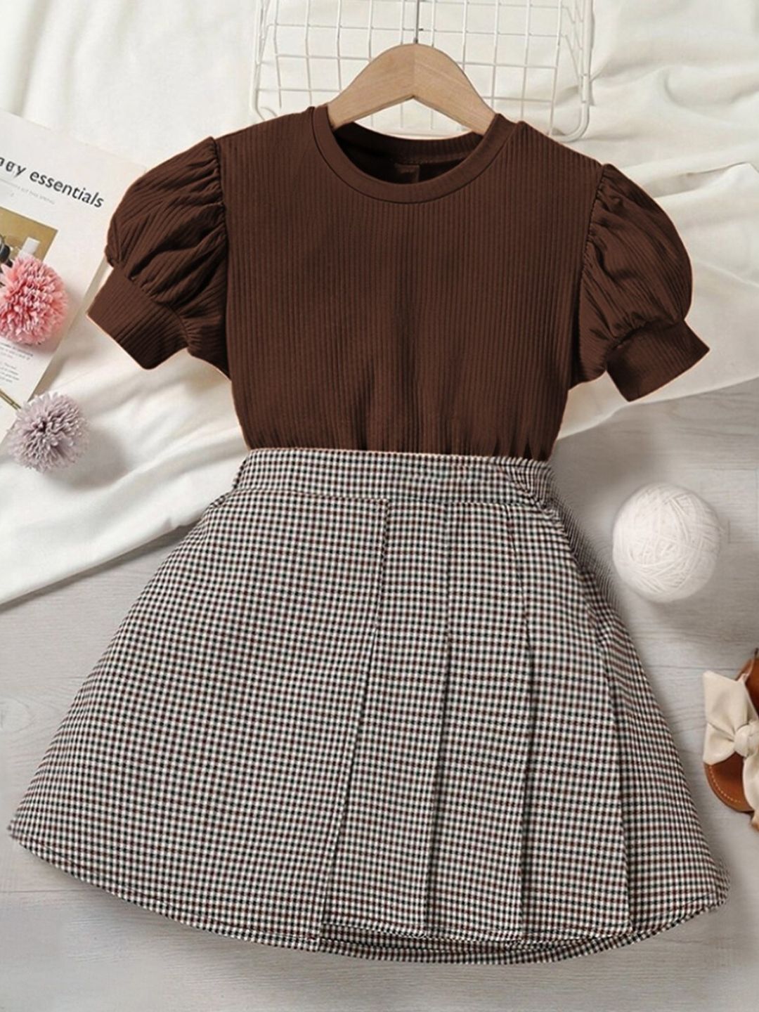 BAESD Girls Checked Puff Sleeves Fit & Flare Dress-picture-30
