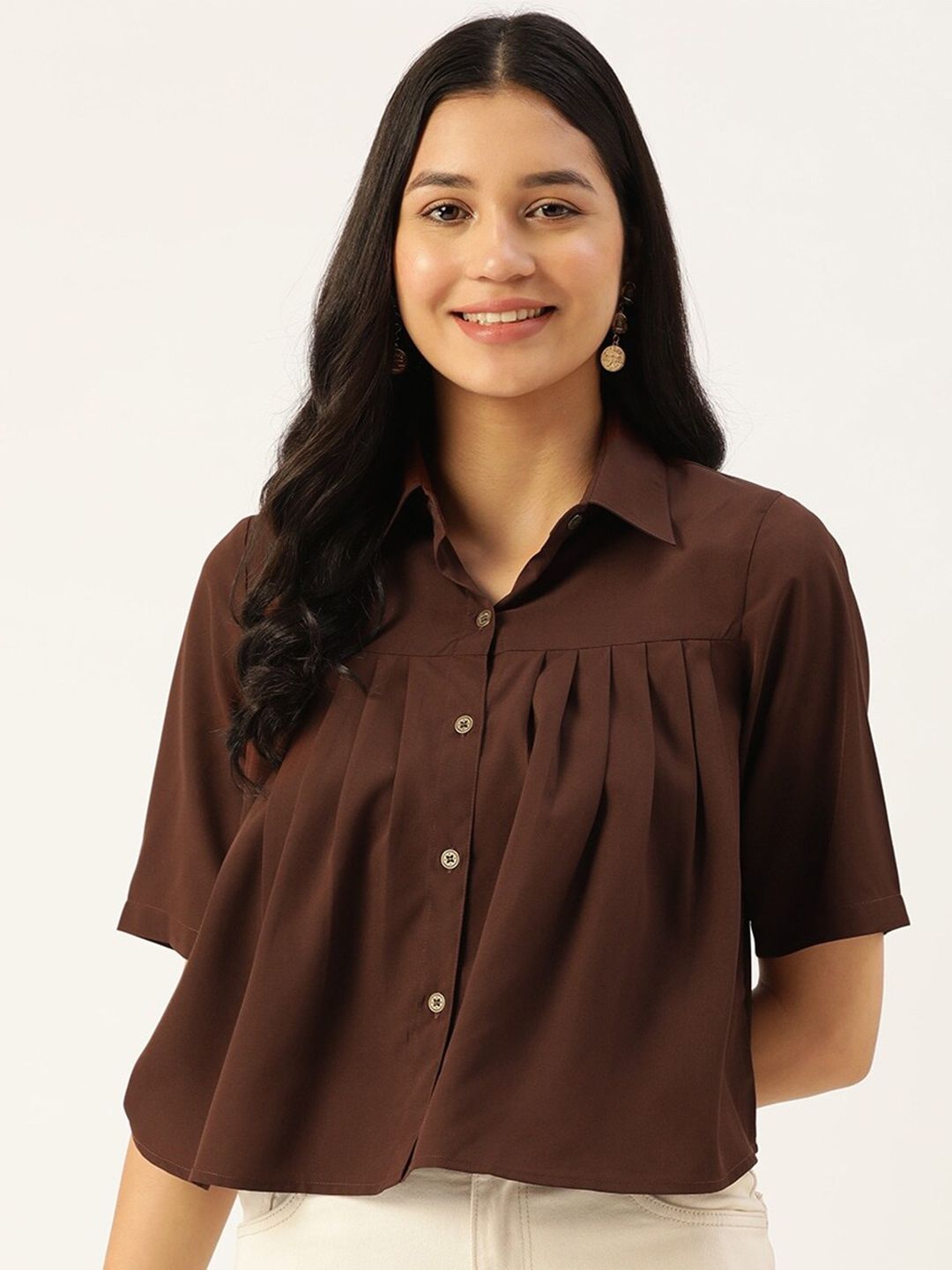 Slenor Shirt Collar Short Sleeves Crop Shirt Style Top-picture-12