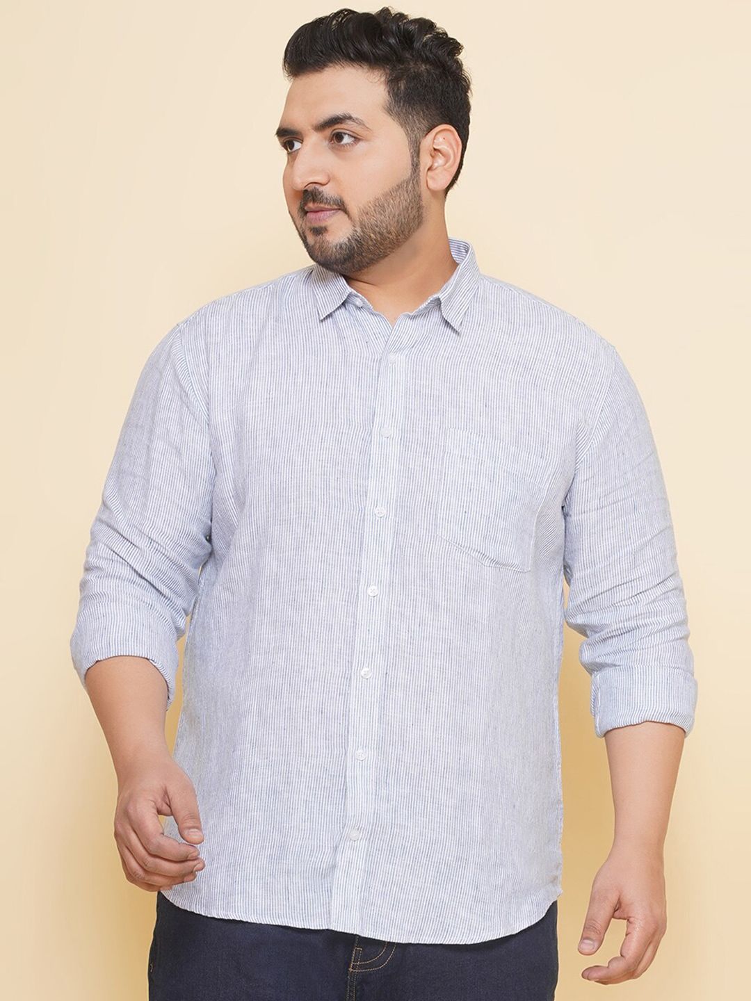 John Pride Plus Size Striped Spread Collar Linen Casual Shirt-picture-31