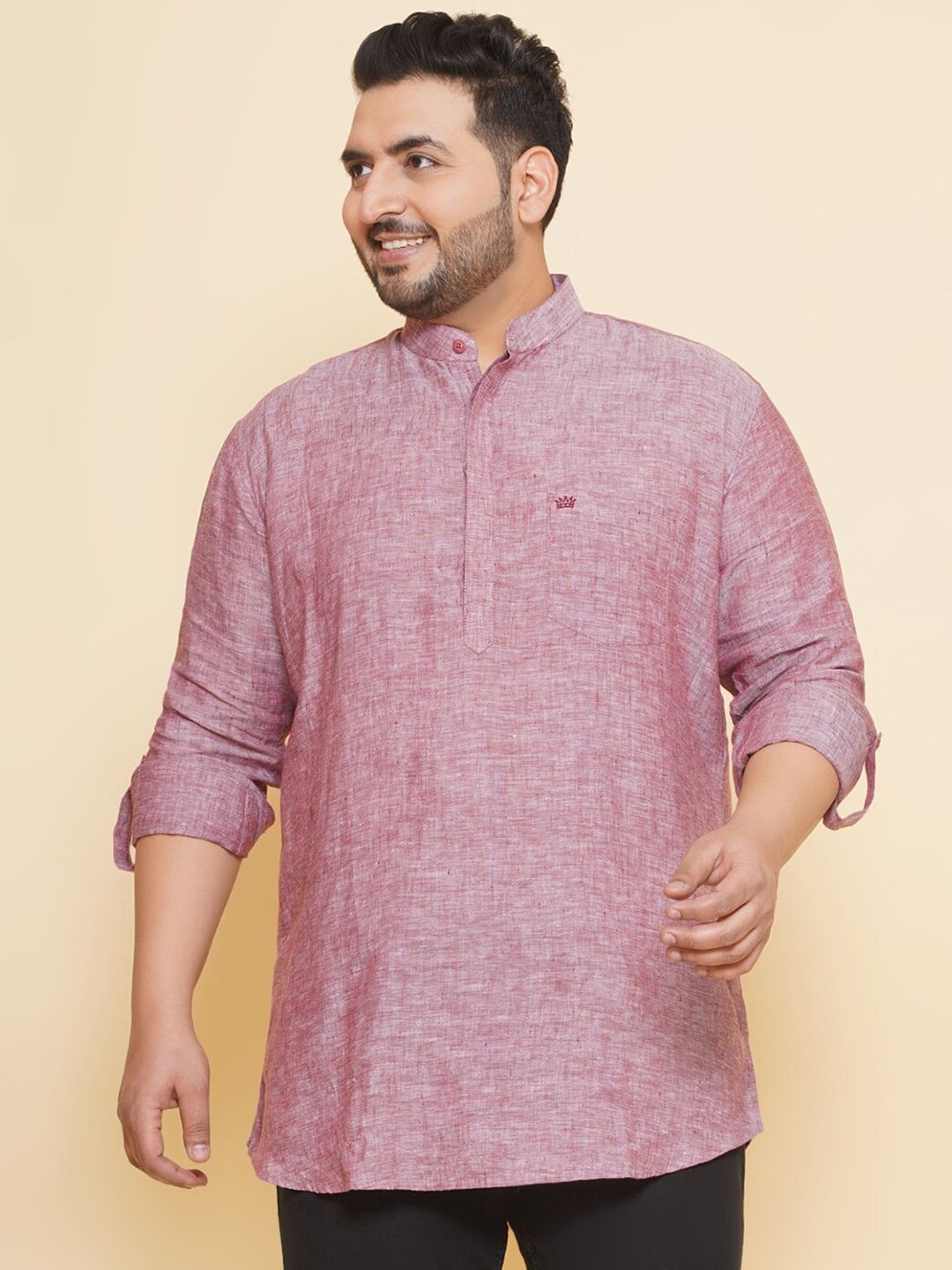 John Pride Plus Size Band Collar Casual Linen Shirt-picture-16
