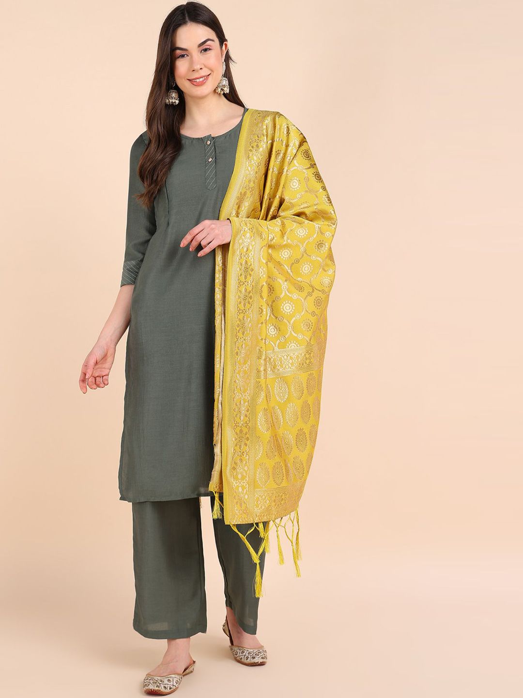 House Of Zelena Round Neck Maternity Straight Kurta & Palazzos With Dupatta-image-17