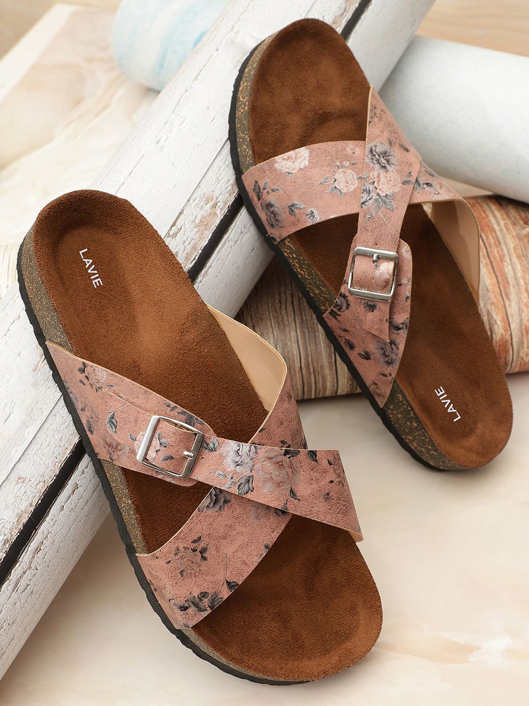 The Roadster Lifestyle Co. Rose Pink Printed Buckle Detailed Open-Toe Flats-image-31