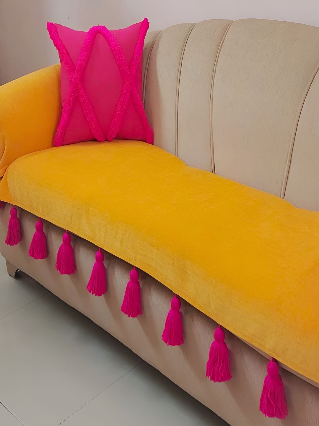 THROWPILLOW Yellow & Pink Anti Slip Tassels Sofa Cover-image-48