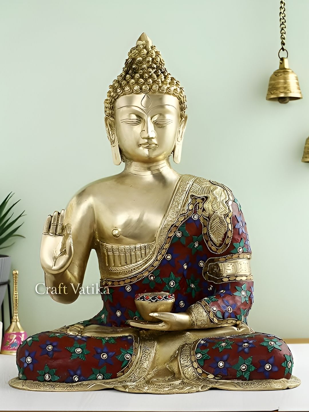 CraftVatika Gold Toned & Green Brass Buddha Religious Idol Showpiece-image-8