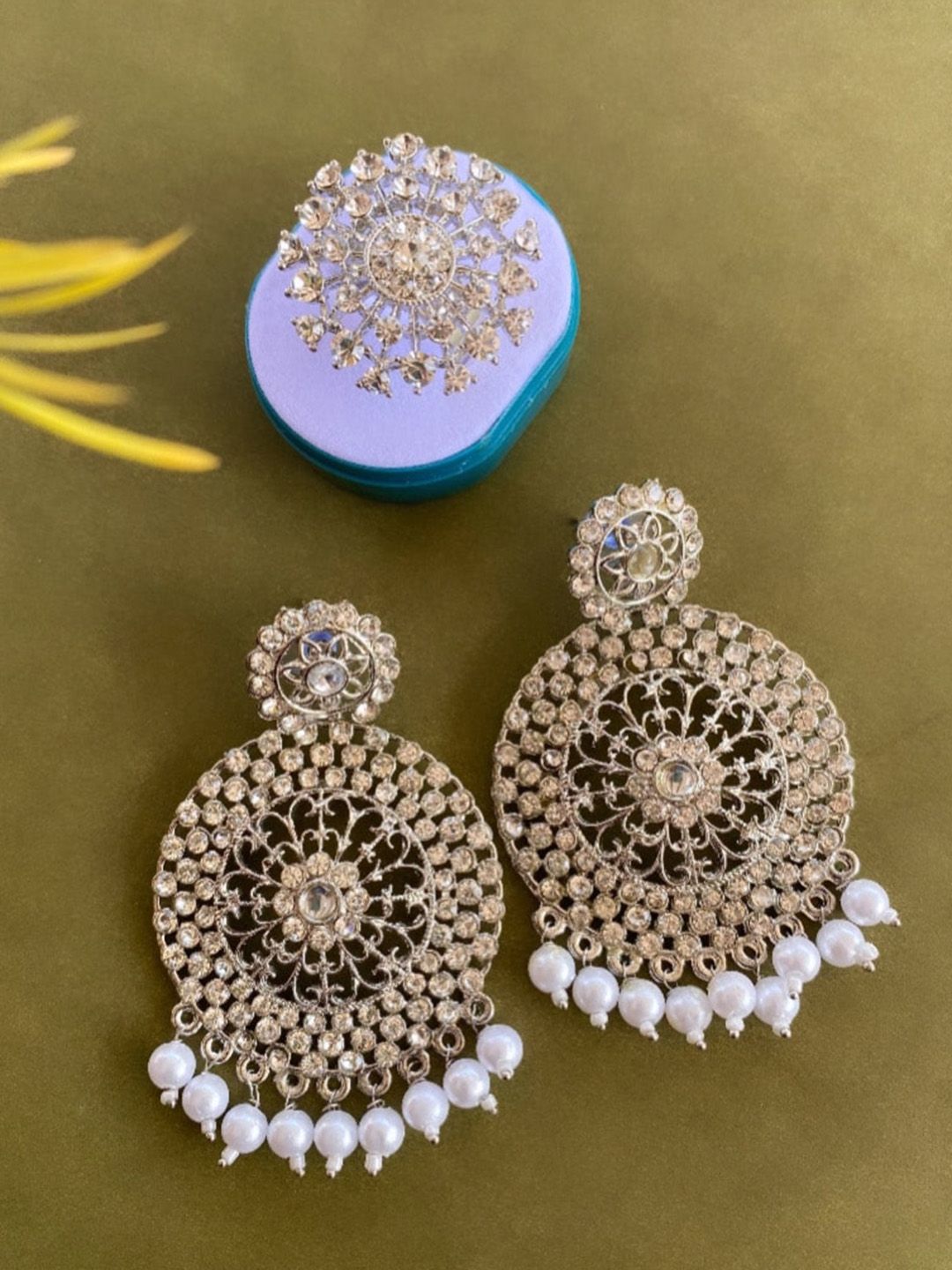 ATIBELLE Silver Plated Stone Studded & Beaded Jewellery Set