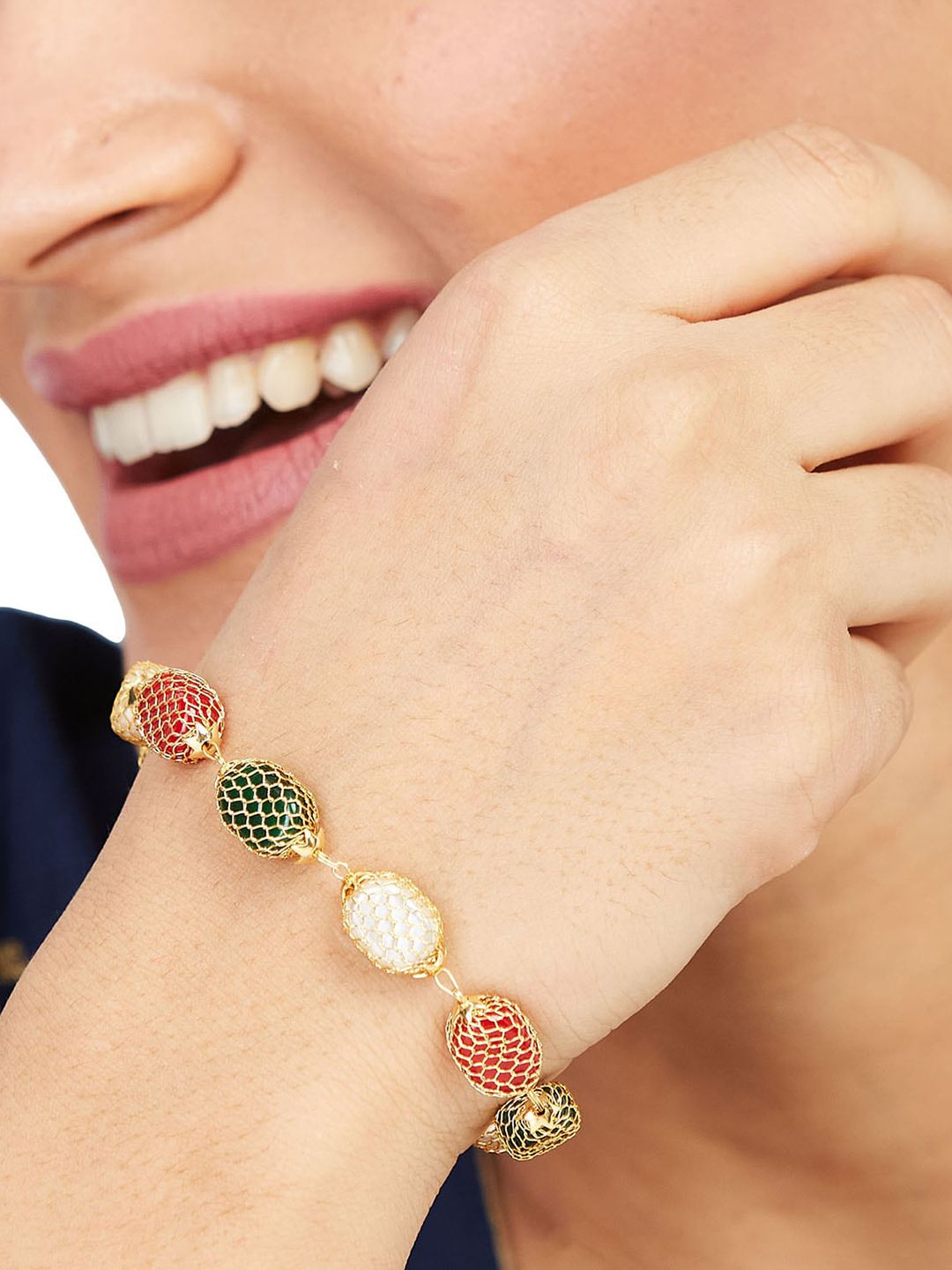 ATIBELLE Gold Plated Beaded Bracelet & Jhumkas Jewellery Set