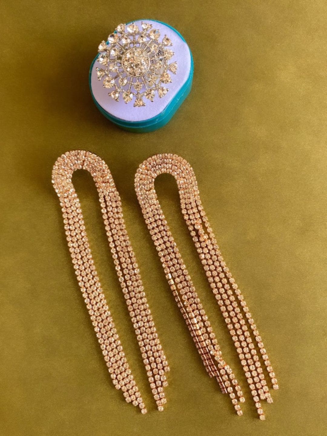 ATIBELLE Set Of 2 Silver & Rose Gold Plated Stones Studded Jewellery Set