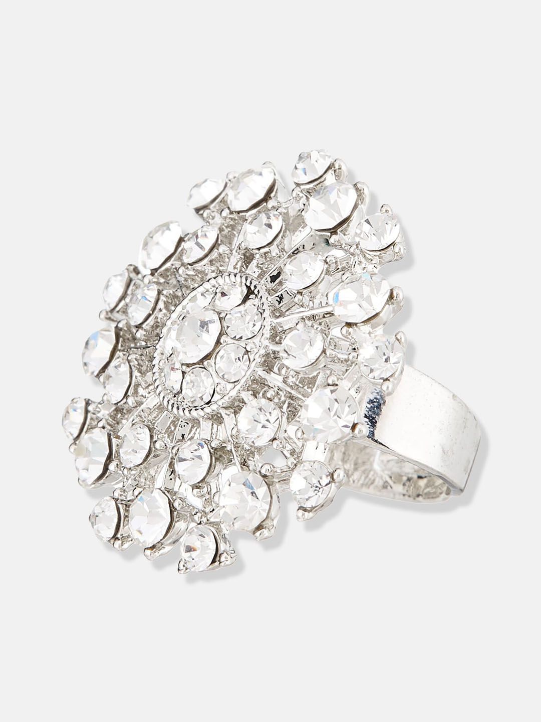 ATIBELLE Silver-Plated Stone-Studded & Beaded Floral Shaped Earrings & Ring