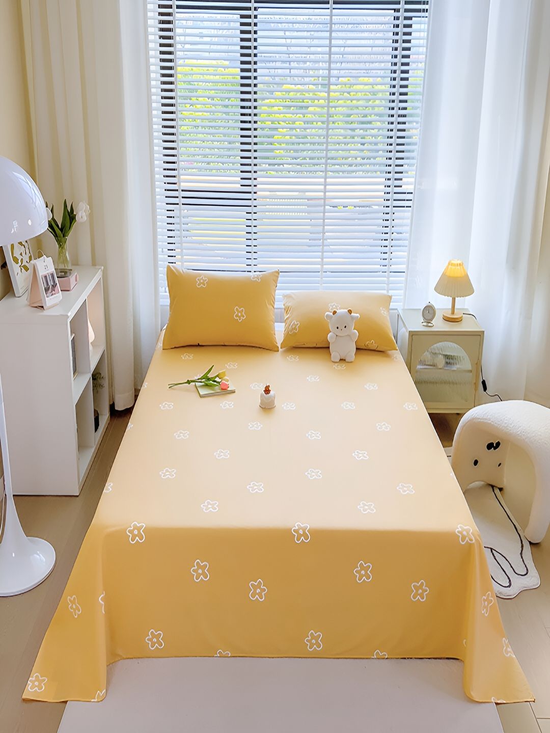 JC HOME Yellow & White Floral 210 TC Cotton Single Bedsheet With 1 Pillow Cover-picture-21