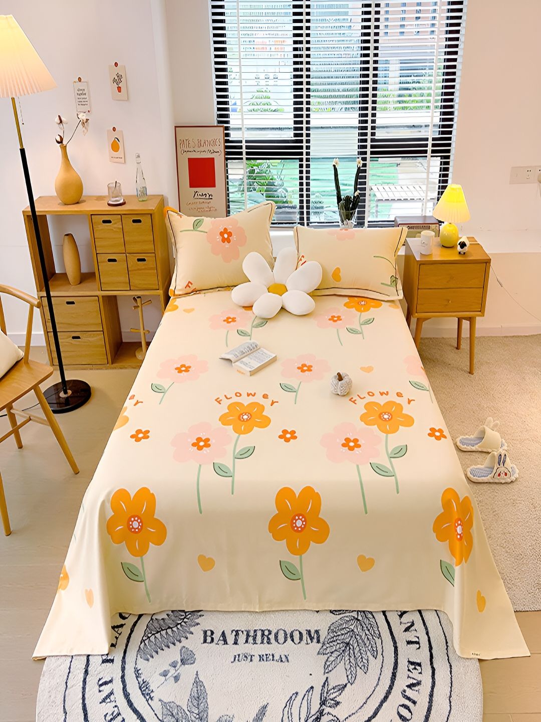 JC HOME Yellow & Orange Floral 210 TC Cotton Queen Bedsheet with 2 Pillow Covers-picture-21