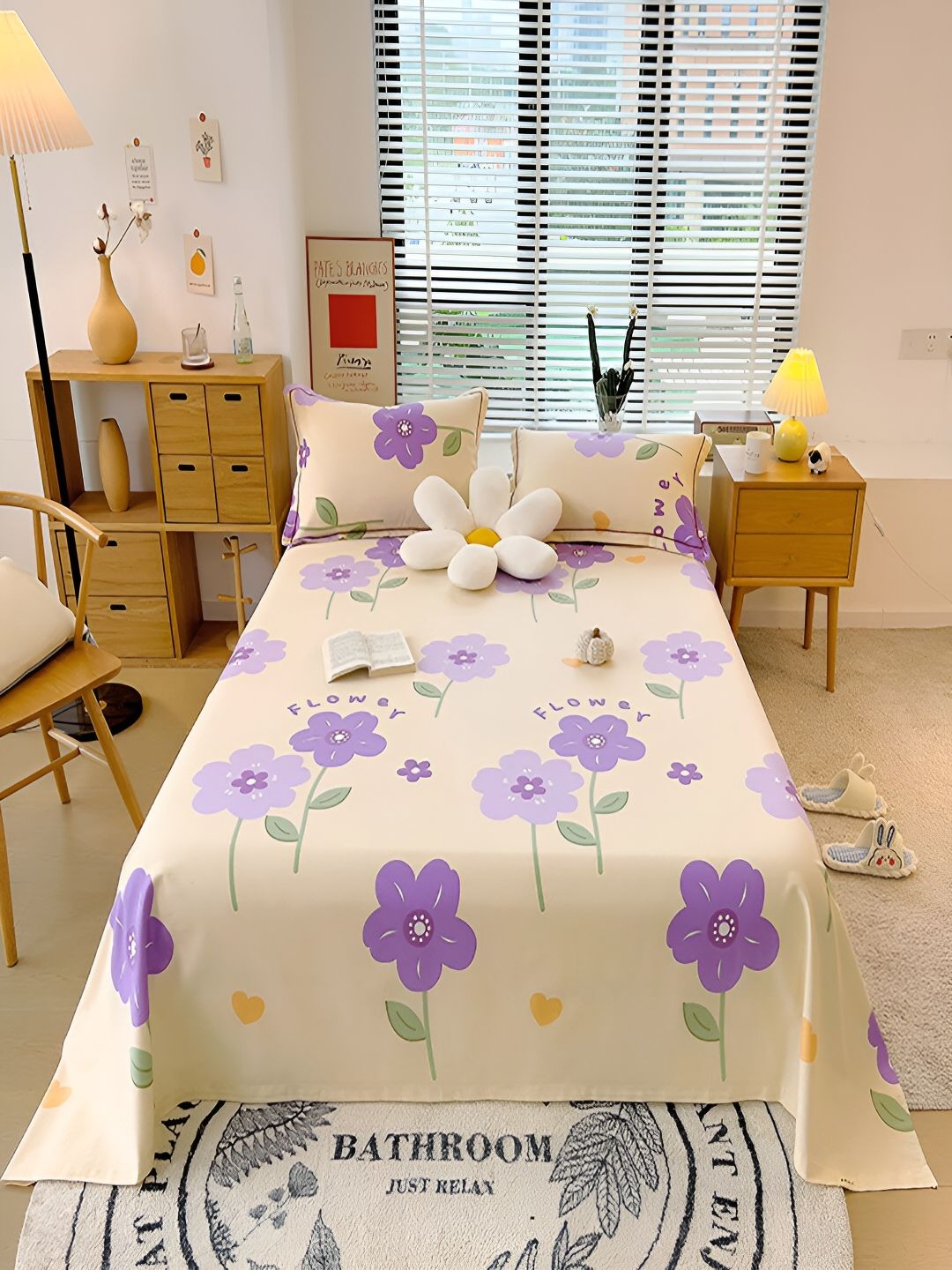 JC HOME Beige Floral Pure Cotton 210 TC Single Bedsheet With 2 Pillow Covers-picture-12