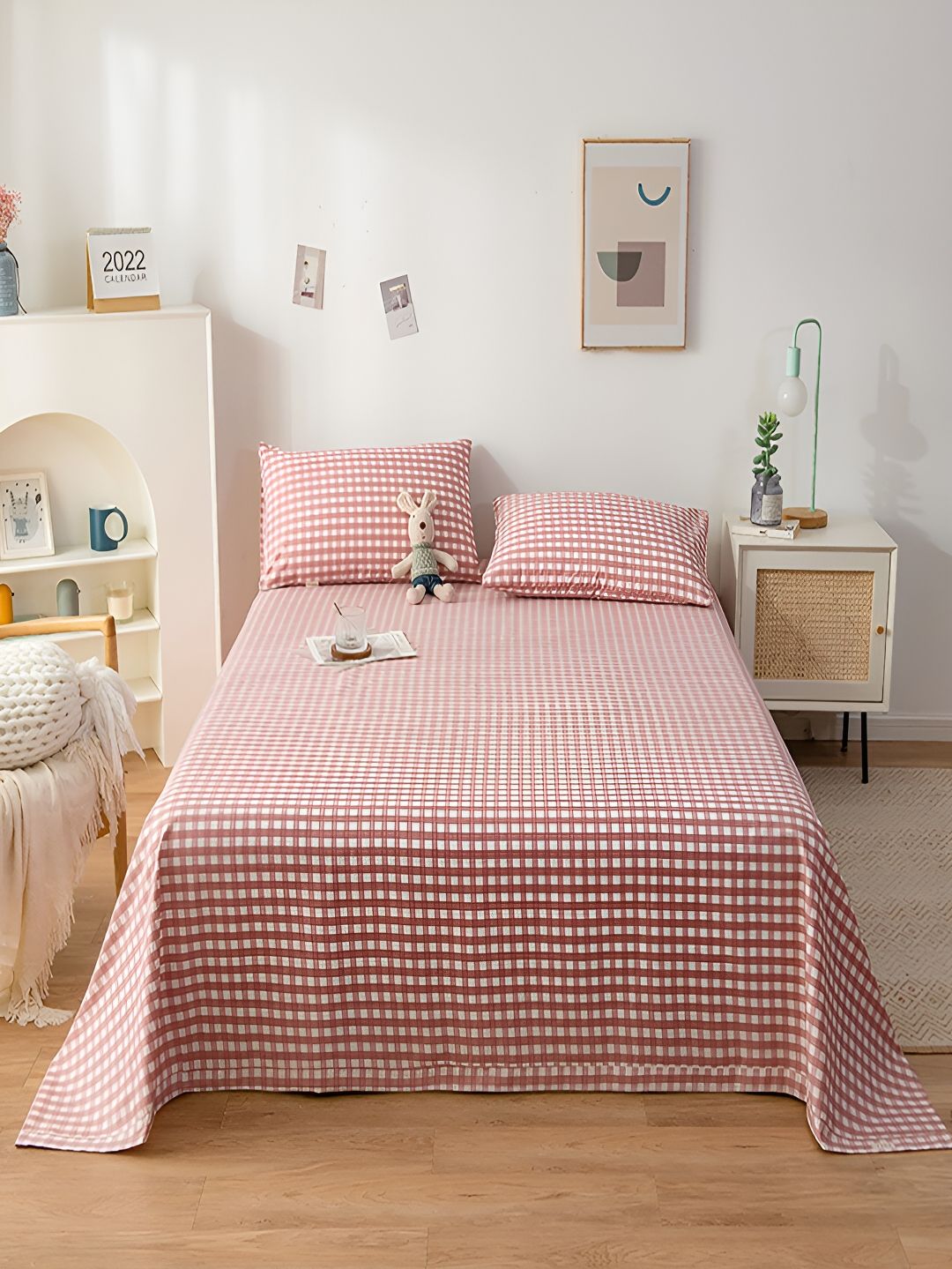 JC HOME Pink & White Geometric 200 TC Cotton Single Bedsheet with 1 Pillow Covers-picture-10