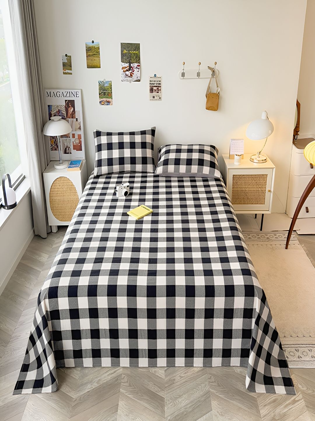 JC HOME White & Black Geometric Print 220 TC Single Bedsheet with 1 Pillow Covers-picture-25