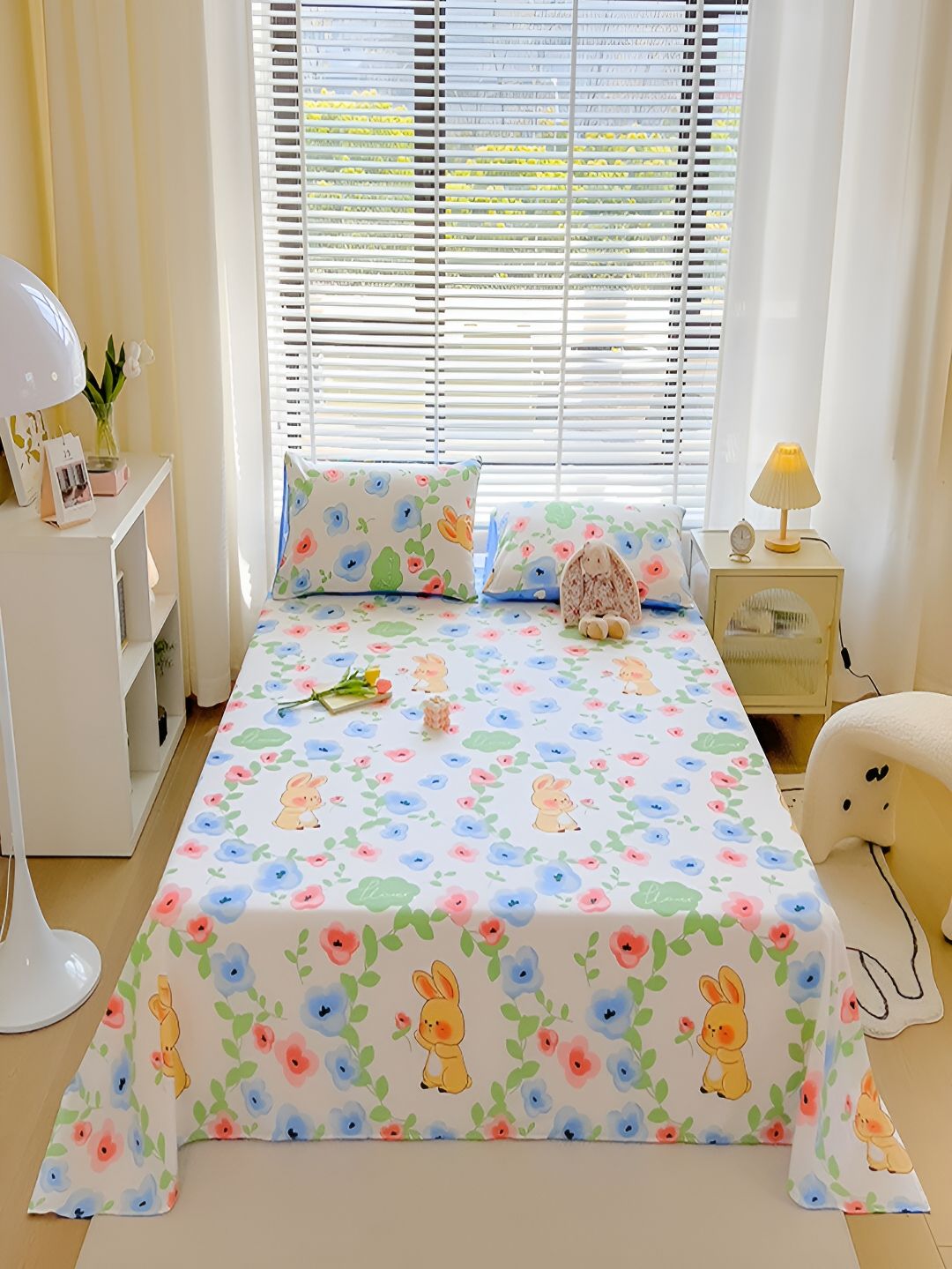 JC HOME White & Blue Printed Cotton 210 TC Single Bedsheet With 1 Pillow Cover-picture-30