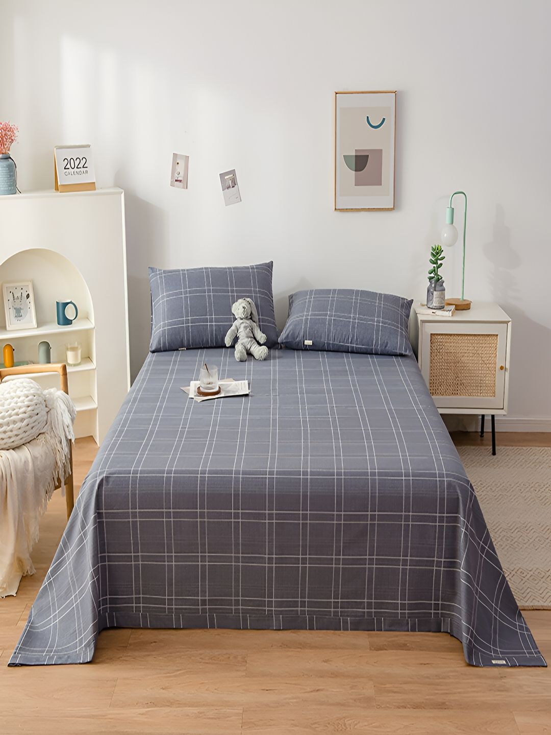 JC HOME Grey & White Geometric 200 TC Cotton Single Bedsheet with 1 Pillow Covers-picture-19