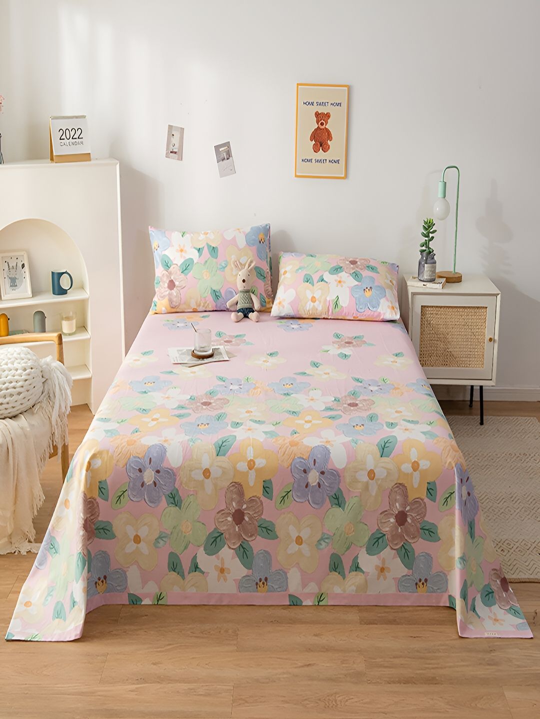 JC HOME Pink & Blue Floral Cotton 200 TC Queen Bedsheet With 2 Pillow Covers-picture-31