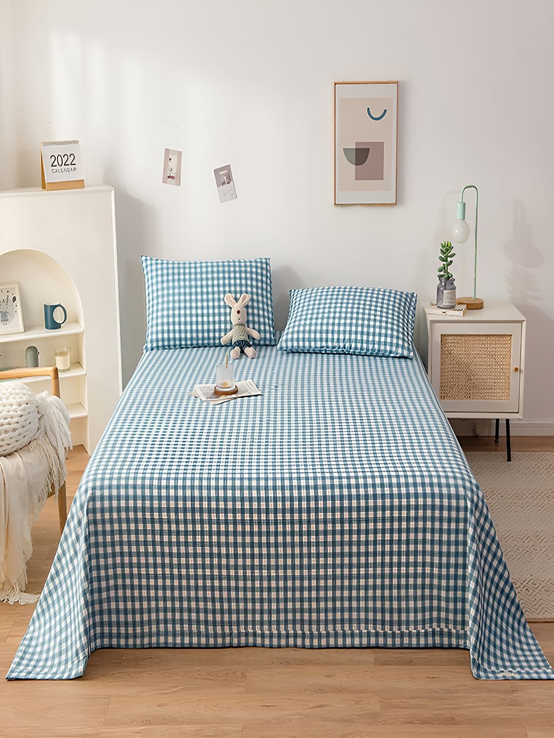 JC HOME Blue & White Geometric 200 TC Single Bedsheet with 1 Pillow Covers-picture-18