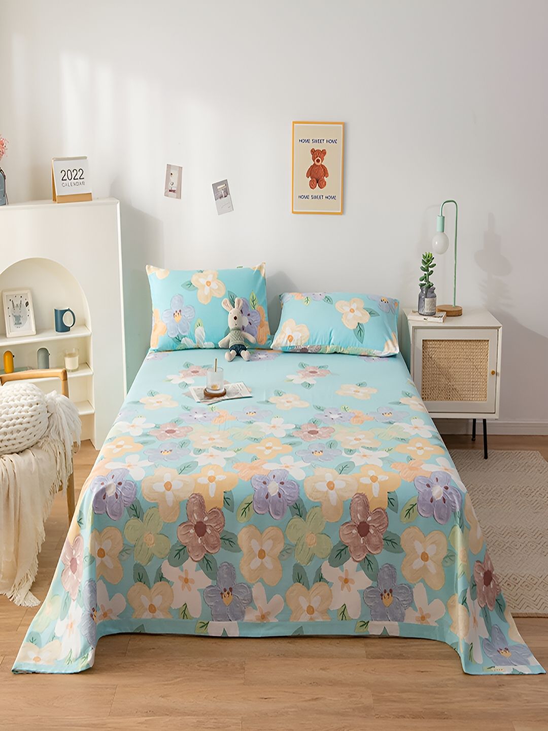 JC HOME Blue & Peach Floral 200 TC Cotton Queen Bedsheet With 2 Pillow Covers-picture-10